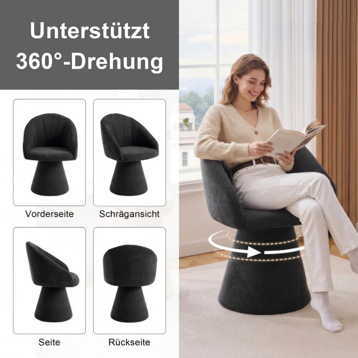 ESSZIMMERSTUHL mit runder Rückenlehne Komfortmodell, Schwarz - Dunkelgrau, Fell/Textil (57/46/58cm)