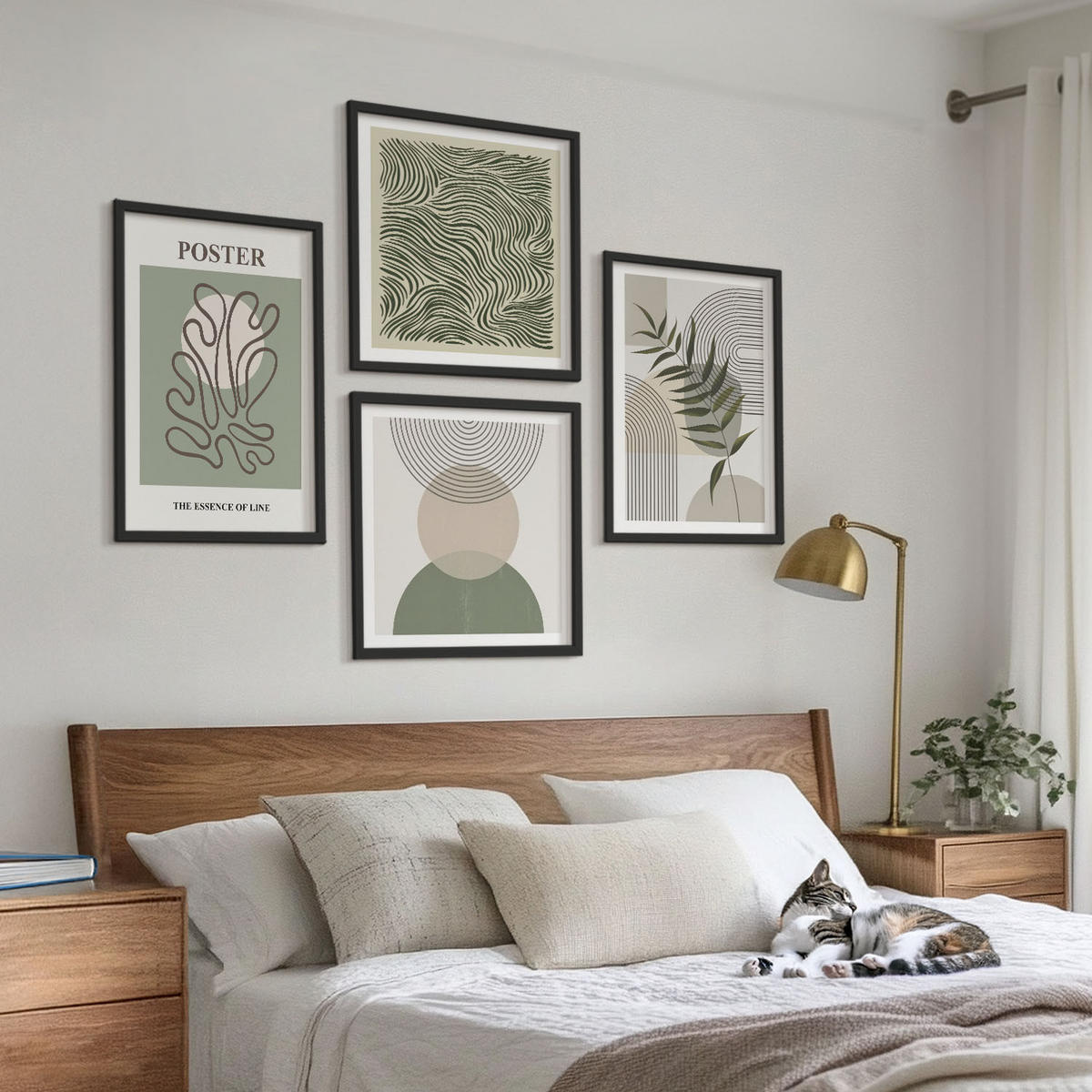 BILDER SET 4er Set - 50x50 cm & 40x60 cm Schwarzer Rahmen - Geometrische botanische Muster - Schwarz, Kunststoff (50/50cm) - TULUP