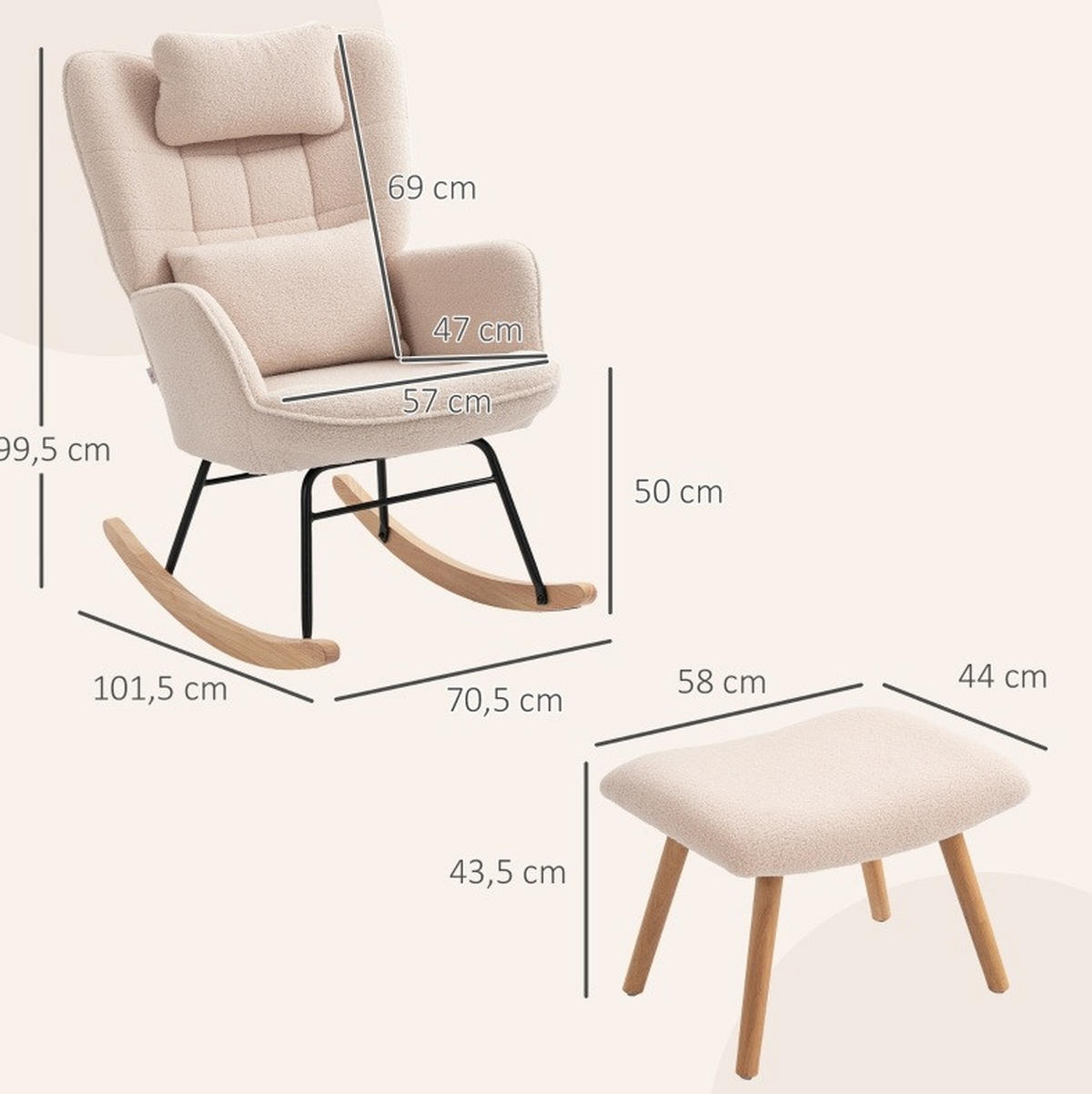 SCHAUKELSTUHL 70,5/101,5/99,5 cm mit hoher Rückenlehne und Fußhocker, beige - Beige, Textil (70.5/99.5/101.5cm) - BEAOK