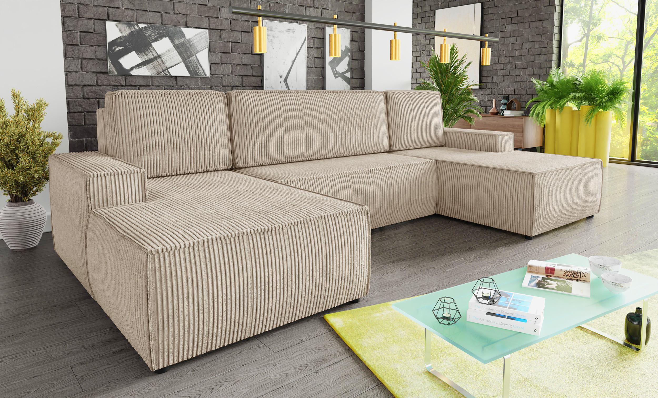 WOHNLANDSCHAFT Totti U - Beige, Holz/Textil (313/85/144cm) - Sofnet