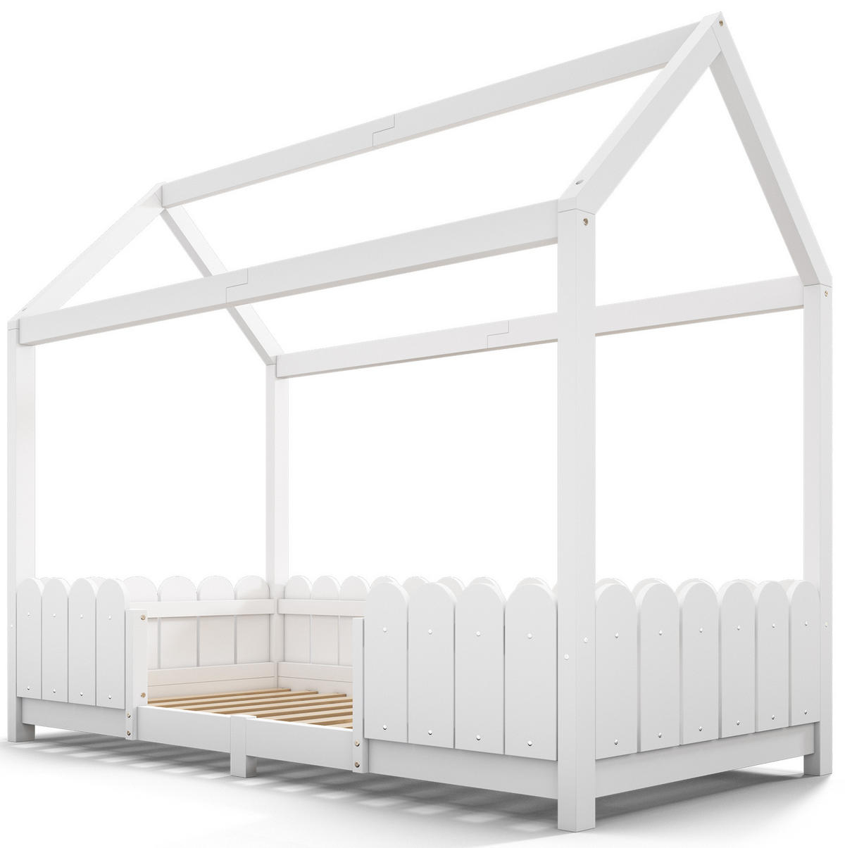 POSTELJA v obliki hiše 90/200 cm bela z zaščitno ograjico in letvenim dnom iz masivnega lesa - bela, les (90/200cm) - OKWISH