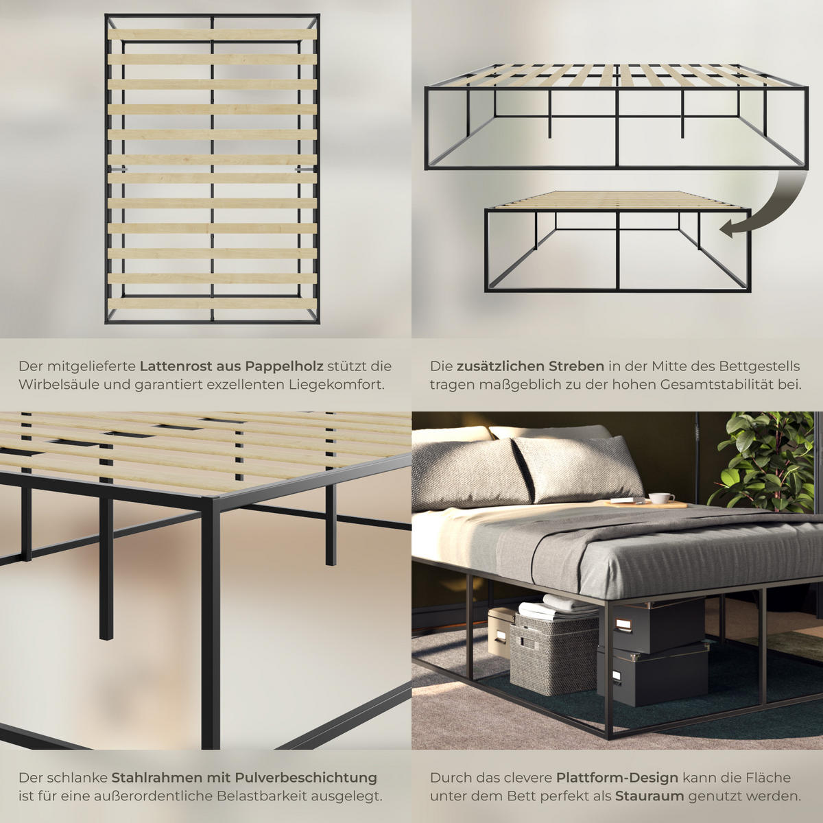 BETT Kyoto,Belastbarkeit 250 kg, bodenschonende Kunststoffkappen,schwarz - Schwarz, Metall - tectake