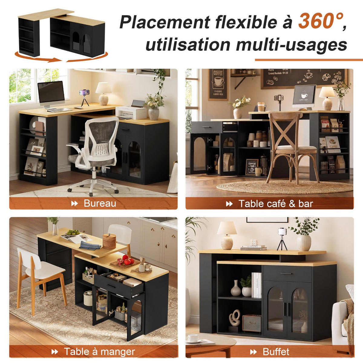 KÜCHENINSEL 360° DREHBAR, MIT STAURAUM, MDF, Für Esszimmer Und Küche, 136/50/78 cm - Schwarz, Holzwerkstoff (50/78/136cm) - Rolipo