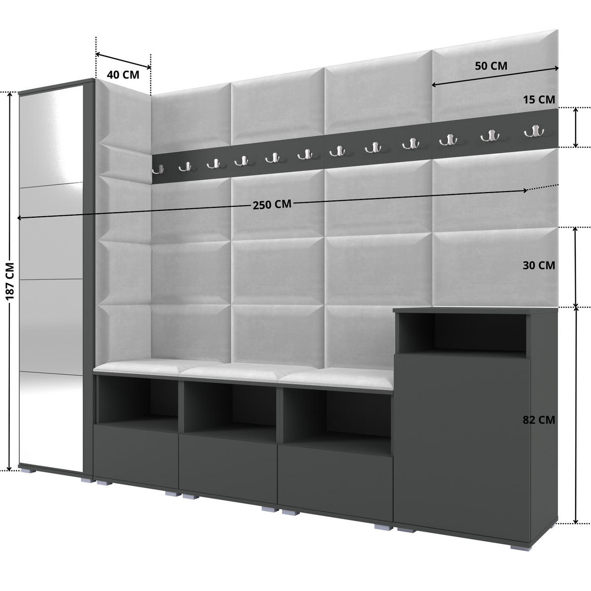 GARDEROBE NELA XI 250 cm (Modulare Flurmöbel Graphit mit Spiegel & Sitzpolster Hellgrau 32 Großes Set) - Silberfarben/Hellgrau, Holz/Holzwerkstoff (250/187/40cm) - Ravio