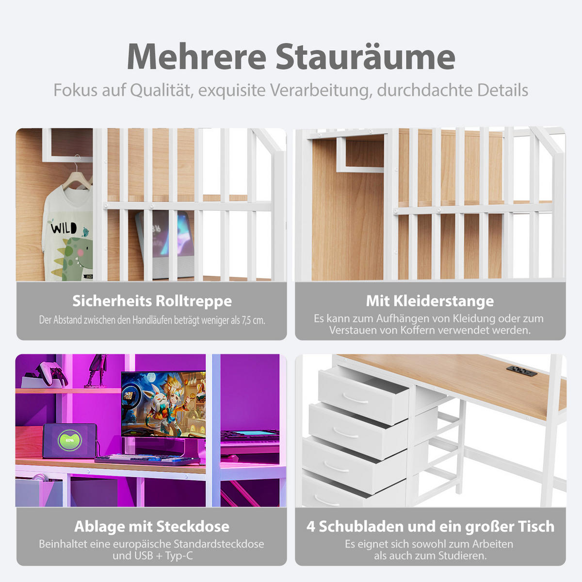 HOCHBETT 90/200 cm in Weiß mit Schreibtisch, Ablagefächern, Kleiderstange, LED und Steckdose aus Metall - Weiß, Holzwerkstoff/Metall (90/200cm) - CHICFURN