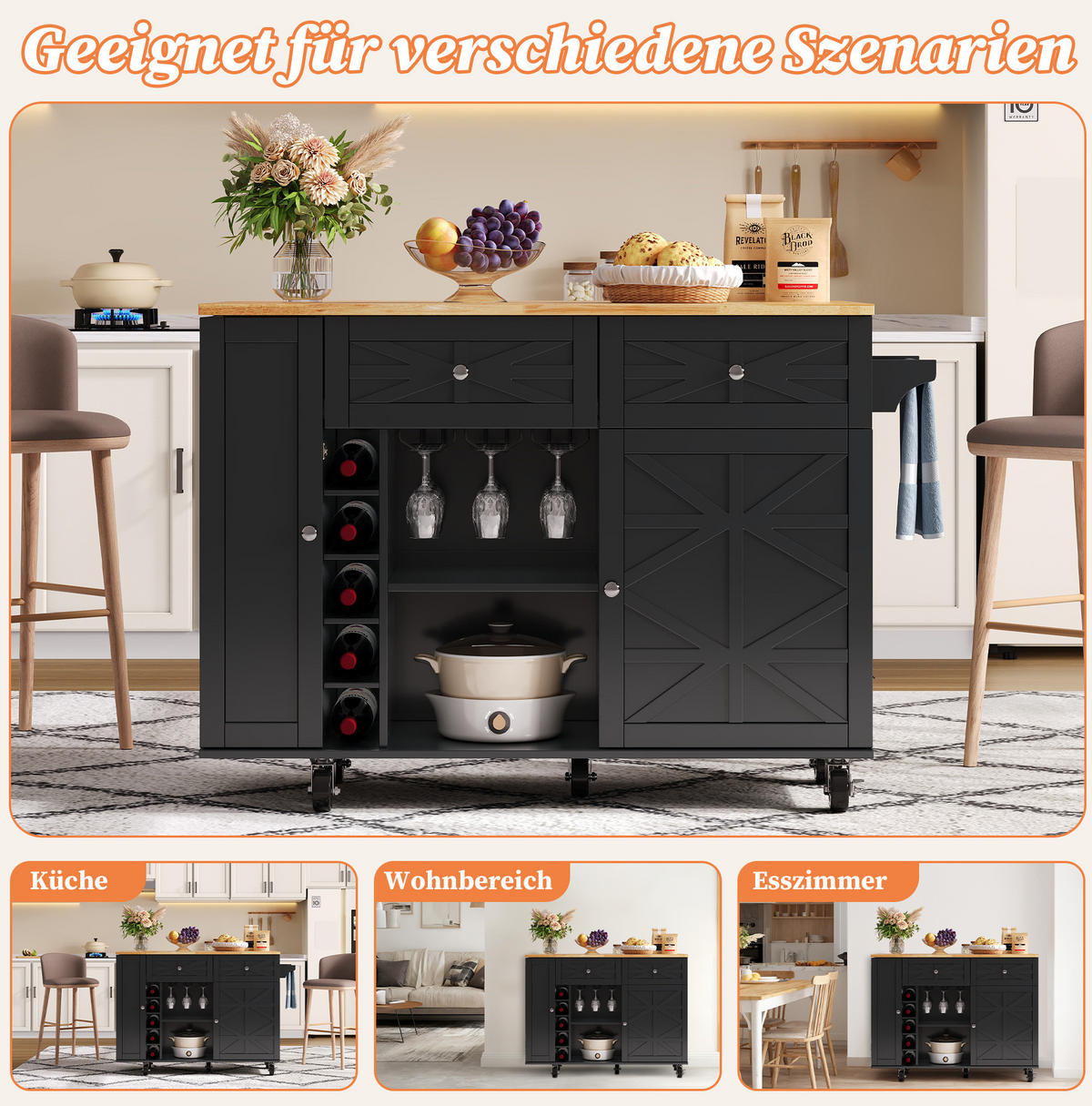 KÜCHENINSEL 120/89/45(70) cm Schwarz aus MDF mit klappbarer Arbeitsplatte - Schwarz, Holzwerkstoff (70/89/120cm) - OKMYHOME
