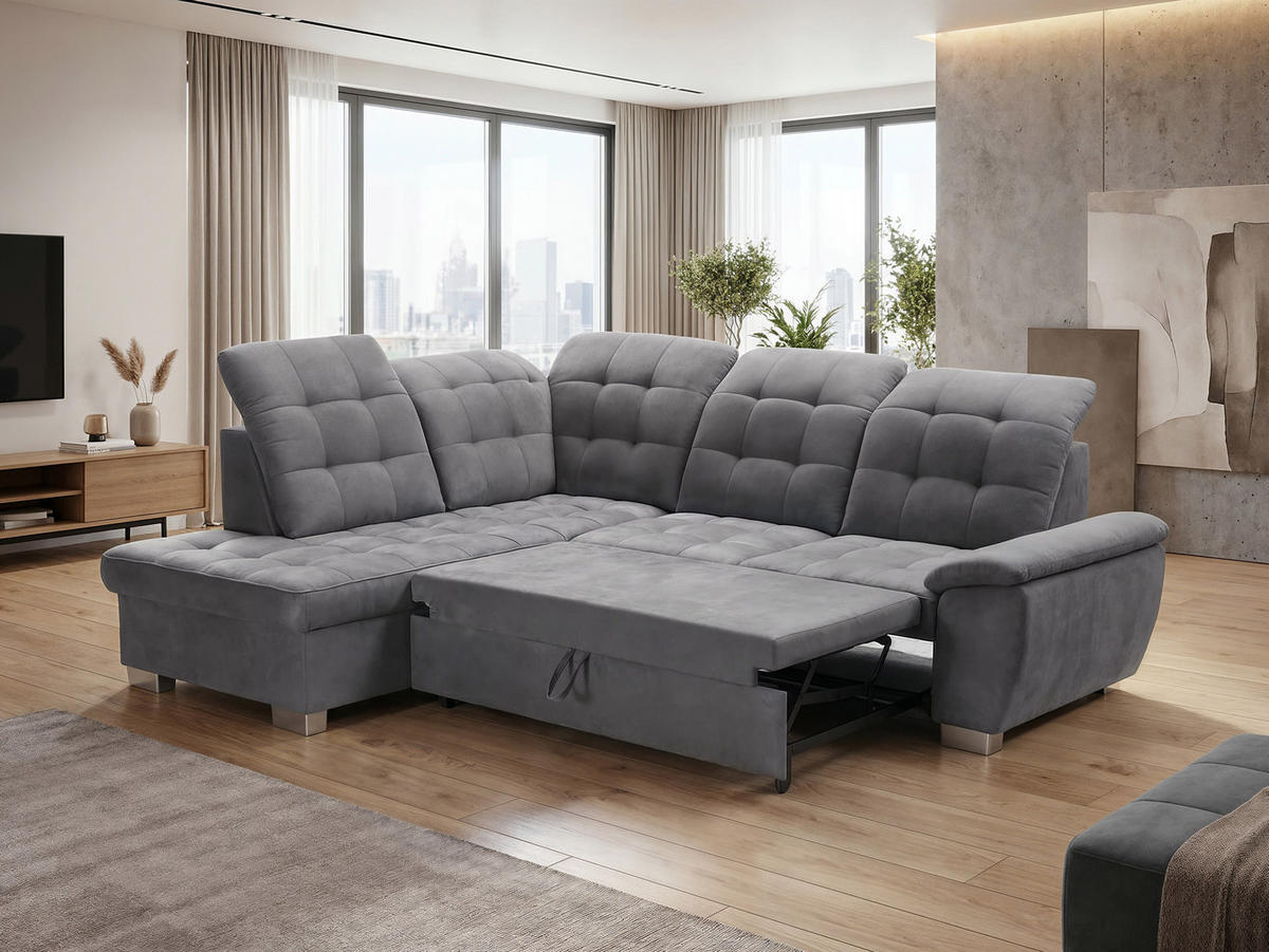 ECKSOFA LENO Links, mit Schlaffunktion und Bettkasten, Grau - Grau, Kunststoff/Textil (261/220cm) - Idohome