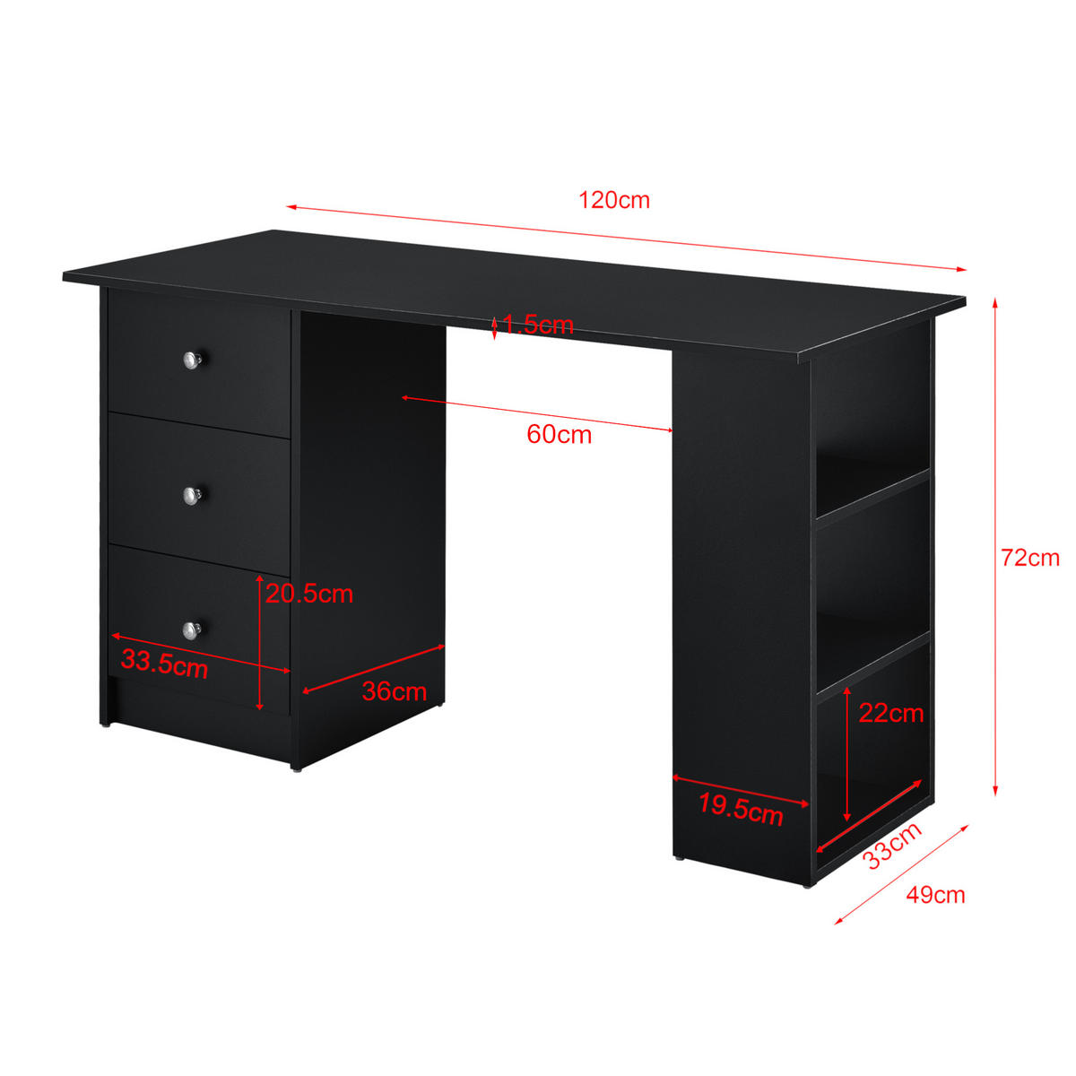 SCHREIBTISCH Lemberg - Schwarz, Holzwerkstoff (49/120/72cm) - [en.casa]