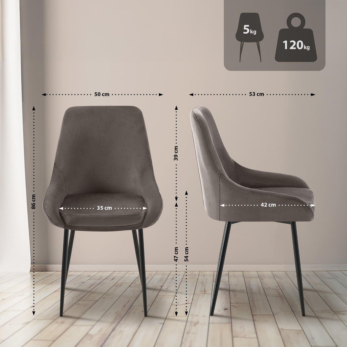 STUHL Samt Anthrazit - Anthrazit/Schwarz, Textil (50/86/53cm) - CLP