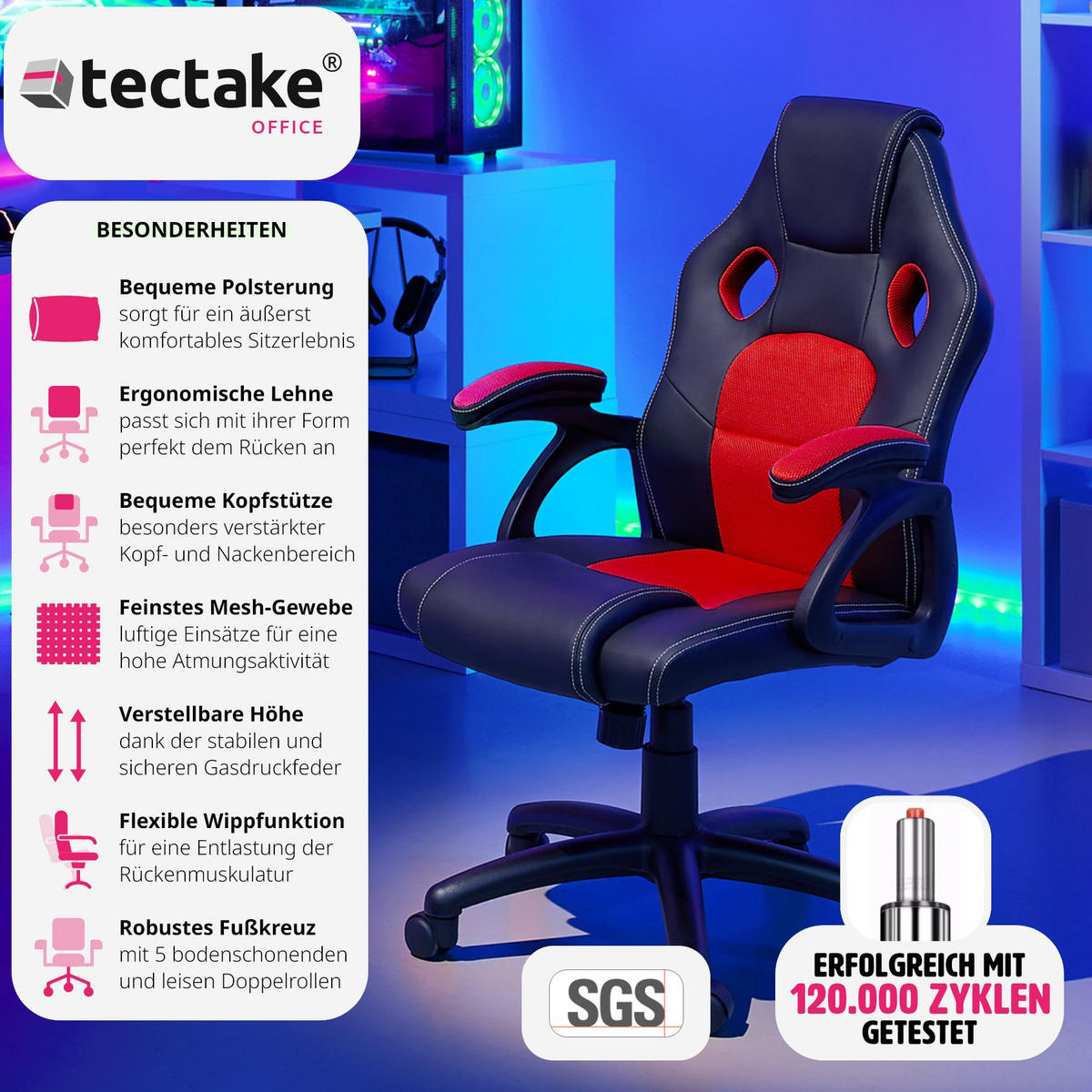 BÜROSTUHL Mike,stufenlos höhenverstellbar,schwarz/rot - Rot/Schwarz, Leder (68/114.5/69cm) - tectake