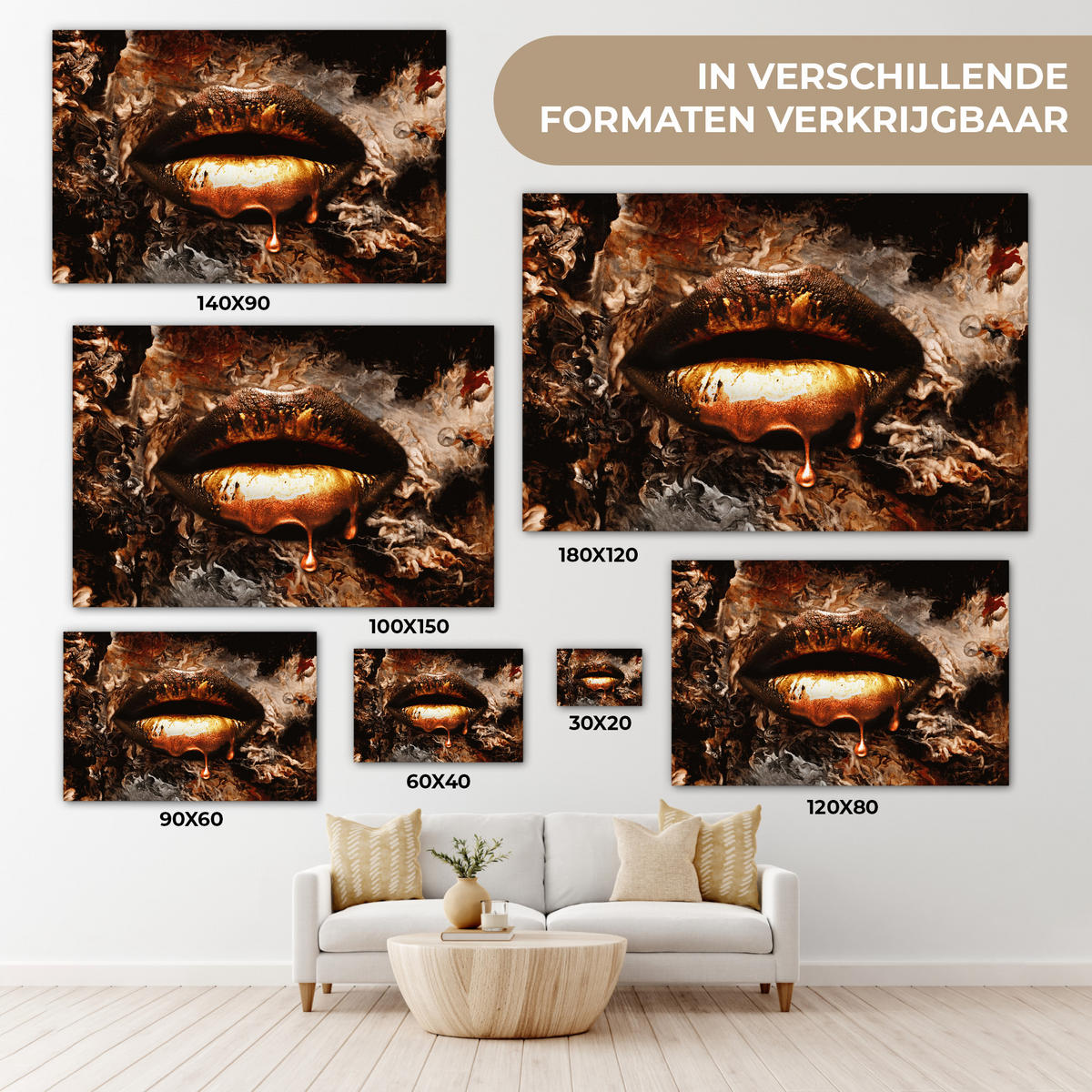 LEINWANDBILD Gold - Lippen - Kunst - Gold - Luxus - Abstrakt Wohnzimmer Groß 120x80 cm - Kupferfarben, Textil (120/80cm) - MuchoWow