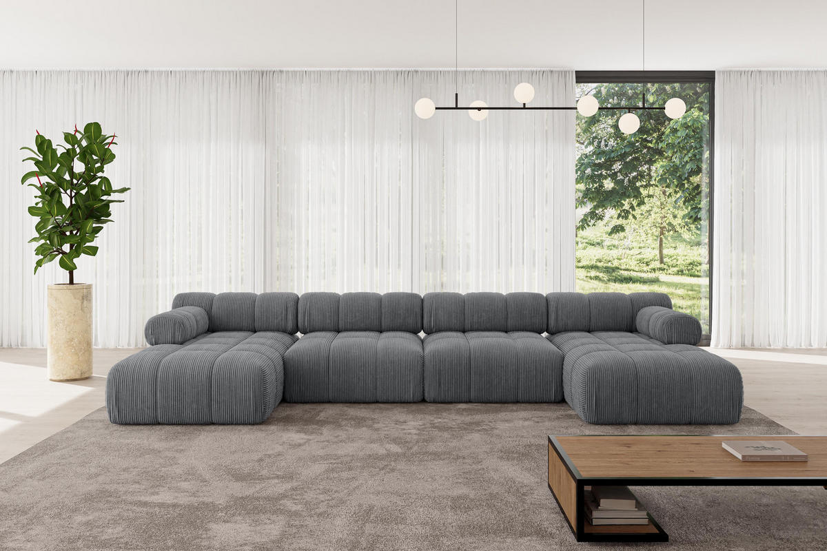WOHNLANDSCHAFT modulares Sofa Tesso-U2 - 380x160x70 cm Dunkelgrau Cord - Dunkelgrau, Holzwerkstoff/Textil (380/70/160cm) - ALTDECOR