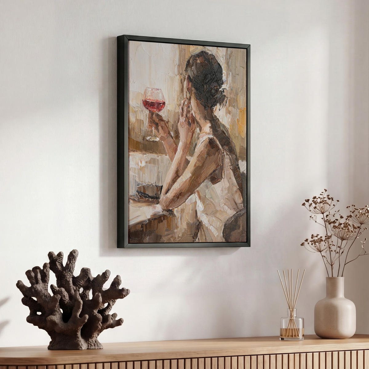 LEINWAND Bilder mit Rahmen - Ölgemälde - Frau - Wein - 30x40 - Hellbraun, Textil (30/40cm) - MuchoWow