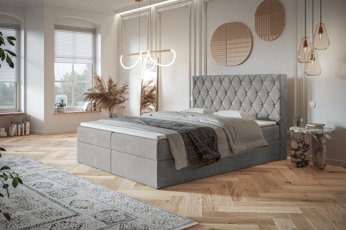 BOXBETT BOSTON mit 2 Bettkästen, 160x200, Farbe: Grau, Velourstoff, Doppelbett mit Bonell-Matratze - Grau, Holz/Kunststoff (160/200cm) - Alpi-Möbel