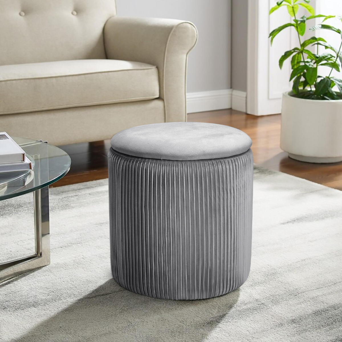 POLSTERHOCKER 38/38/38 cm Zylinder Stauraum Zierfalten Flanell Grau - Grau, Holzwerkstoff/Textil (38/38/38cm) - Livingandhome
