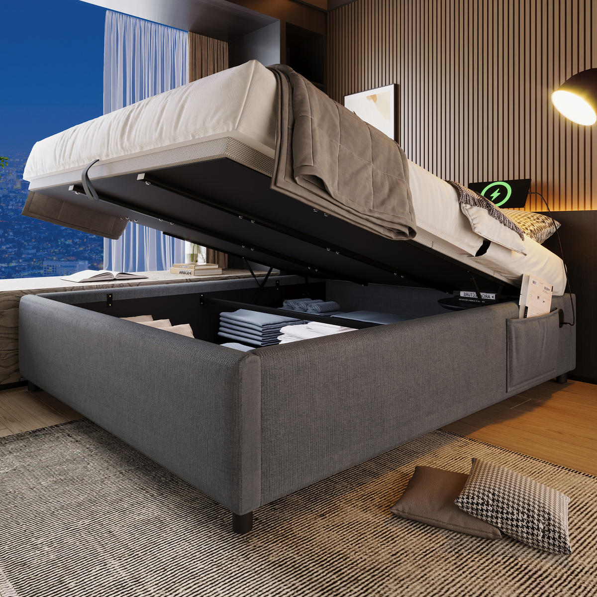 POLSTERBETT 140/200 cm Grau Stauraumbett mit USB- und Type-C-Anschlüssen - Grau, Textil (140/200cm) - OKWISH