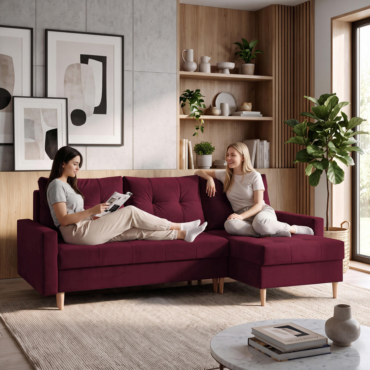 ROHOVÁ POHOVKA Halant s úložným prostorem, univerzální otoman, velurová látka, bordó - bordeaux, textil (220/140cm) - Beautysofa