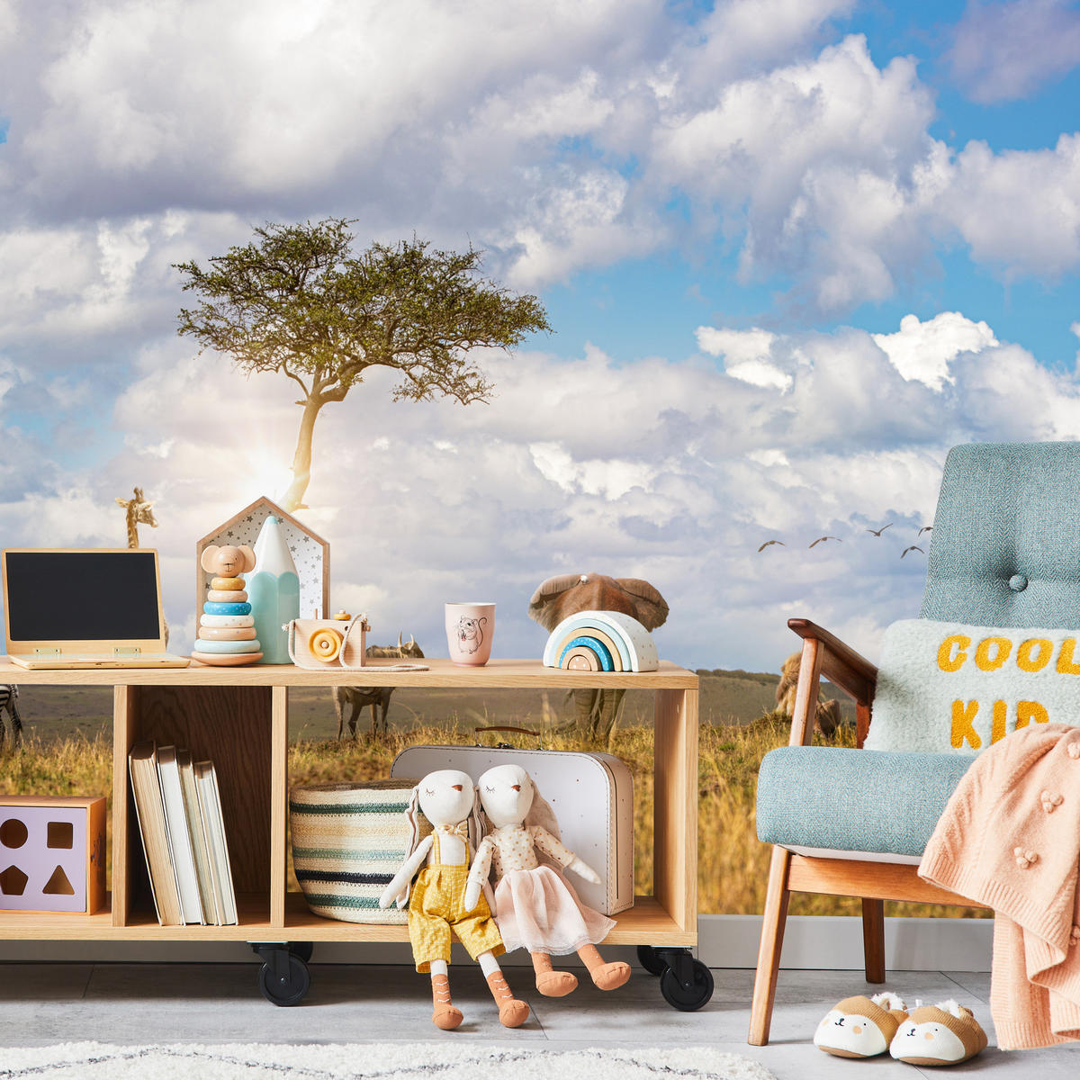 FOTOTAPETE für Kinderzimmer Safari Tiere Elefant Giraffe Löwe 300x210 - Beige/Braun, Papier (300/210cm) - Muralo