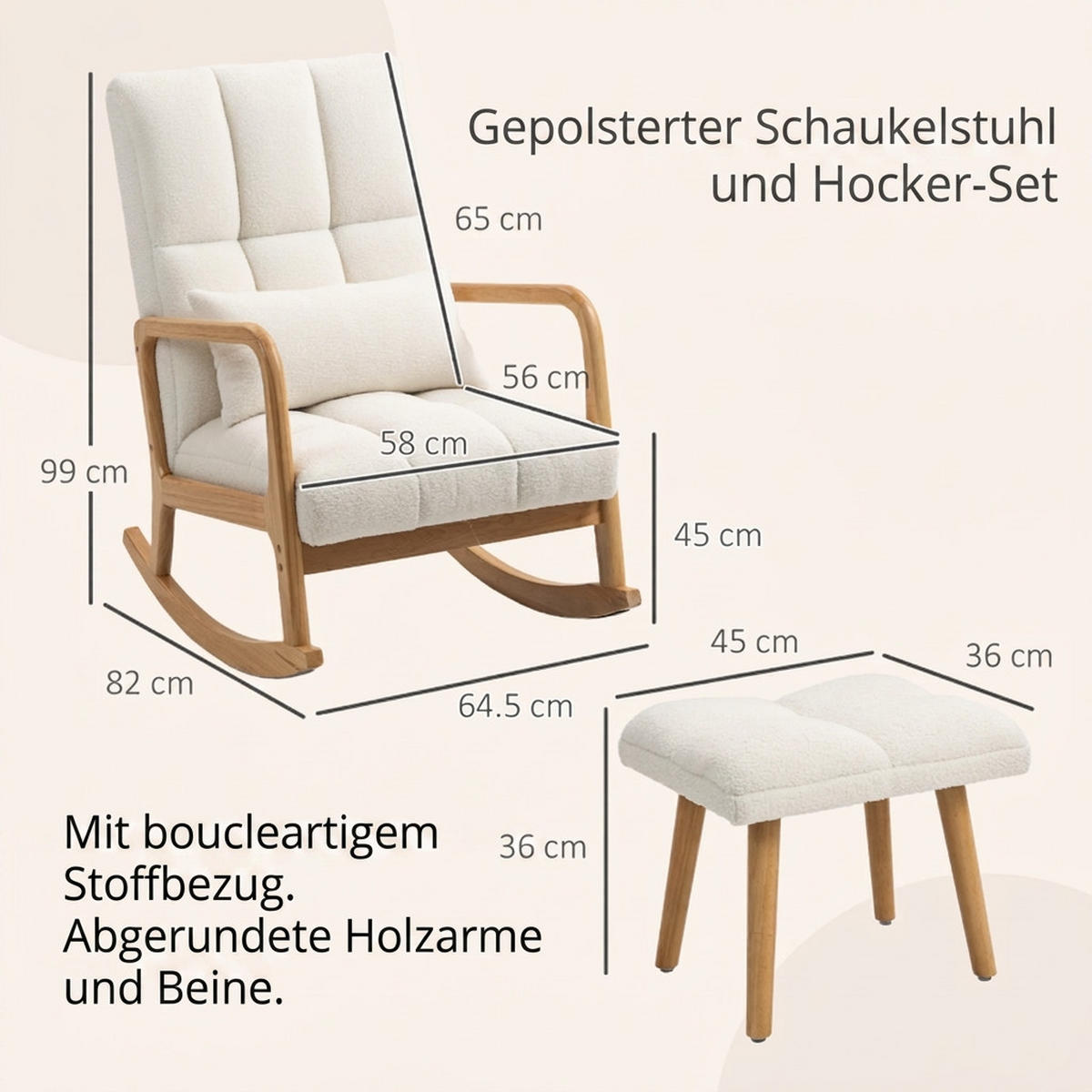 SCHAUKELSTUHL Cremeweiß mit Hocker und Lendenwirbelstütze - Weiß, Textil (64.5/99/82cm) - Oxeza