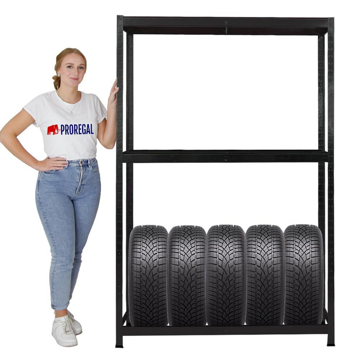 REIFENREGAL Ragnar 2er-Set mit 2x 180x120x40 cm bis zu 8 Reifen auf 2 Ebenen + Ablage 265 kg Fachlast Schwarz - Schwarz, Metall (240/180/40cm) - PROREGAL