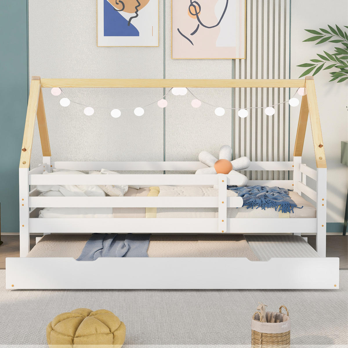 HAUSBETT 90/200 cm mit Ausziehbett, Rundum-Sicherheitsgeländer und Massivholzgestell, Weiß/Natur - Weiß, Holz (90/200cm) - Redom