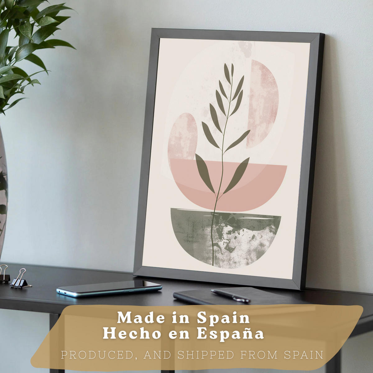PLAKAT Sada 3 dekorativních nástěnných tisků, zelené a růžové tvary, pro moderní dekoraci obývacího pokoje květinové motivy, velikost Černý rám A3 - černá, papír (29.7/42/3cm) - Nacnic
