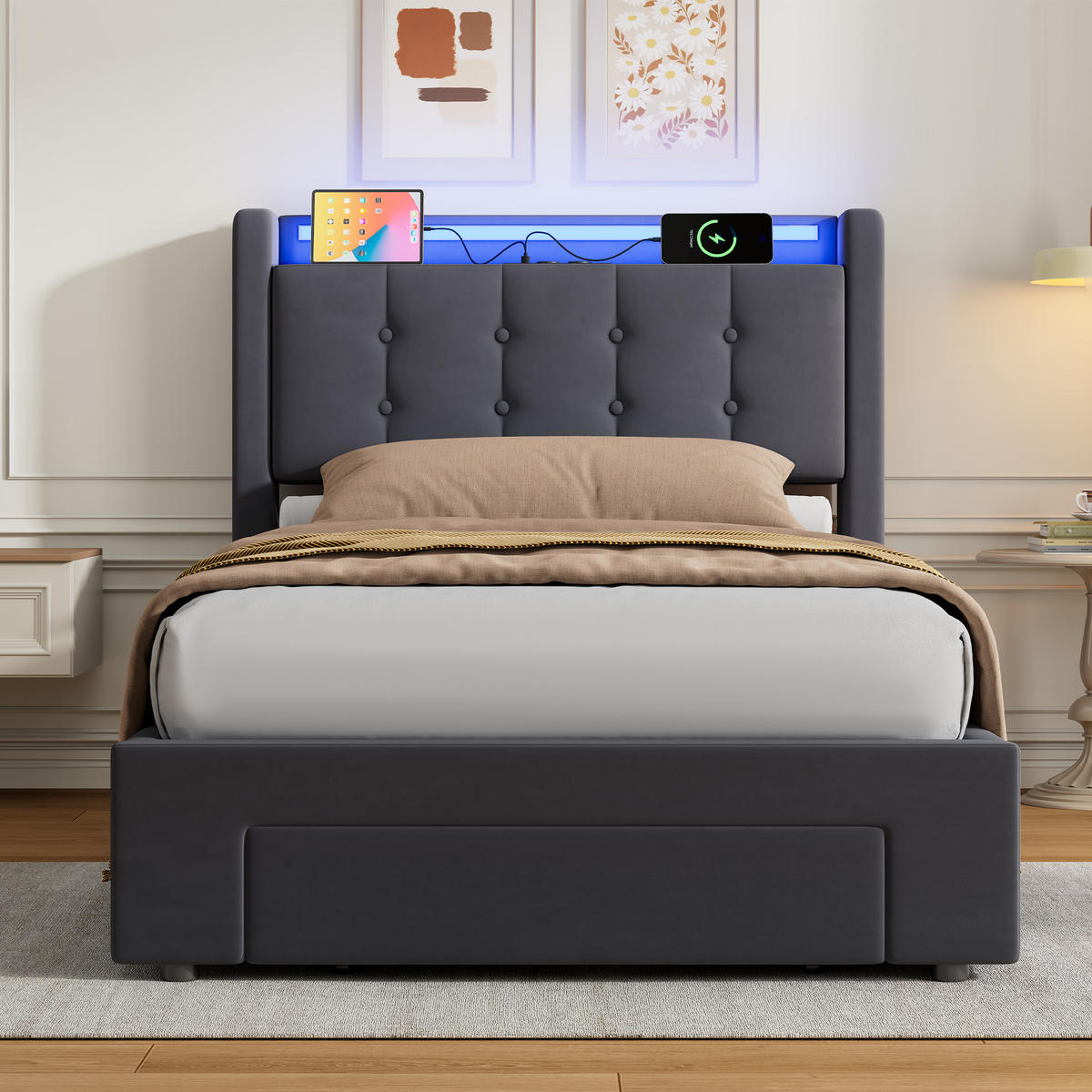 POLSTERBETT 90/190 cm, in Grau, Samt, mit Bettkasten, USB, LED, Stauraum und Schubladen, ohne Matratze - Grau, Holzwerkstoff/Textil (90/190cm) - WISHDOR