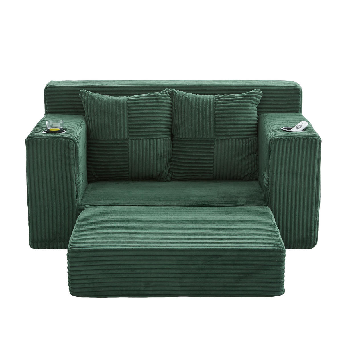 SCHLAFSOFA 2-in-1 mit Hocker, 2 Kissen und Becherhalter, DE-42913, Smaragdgrün - Grün, Textil (133/64/87cm) - ComfortXL