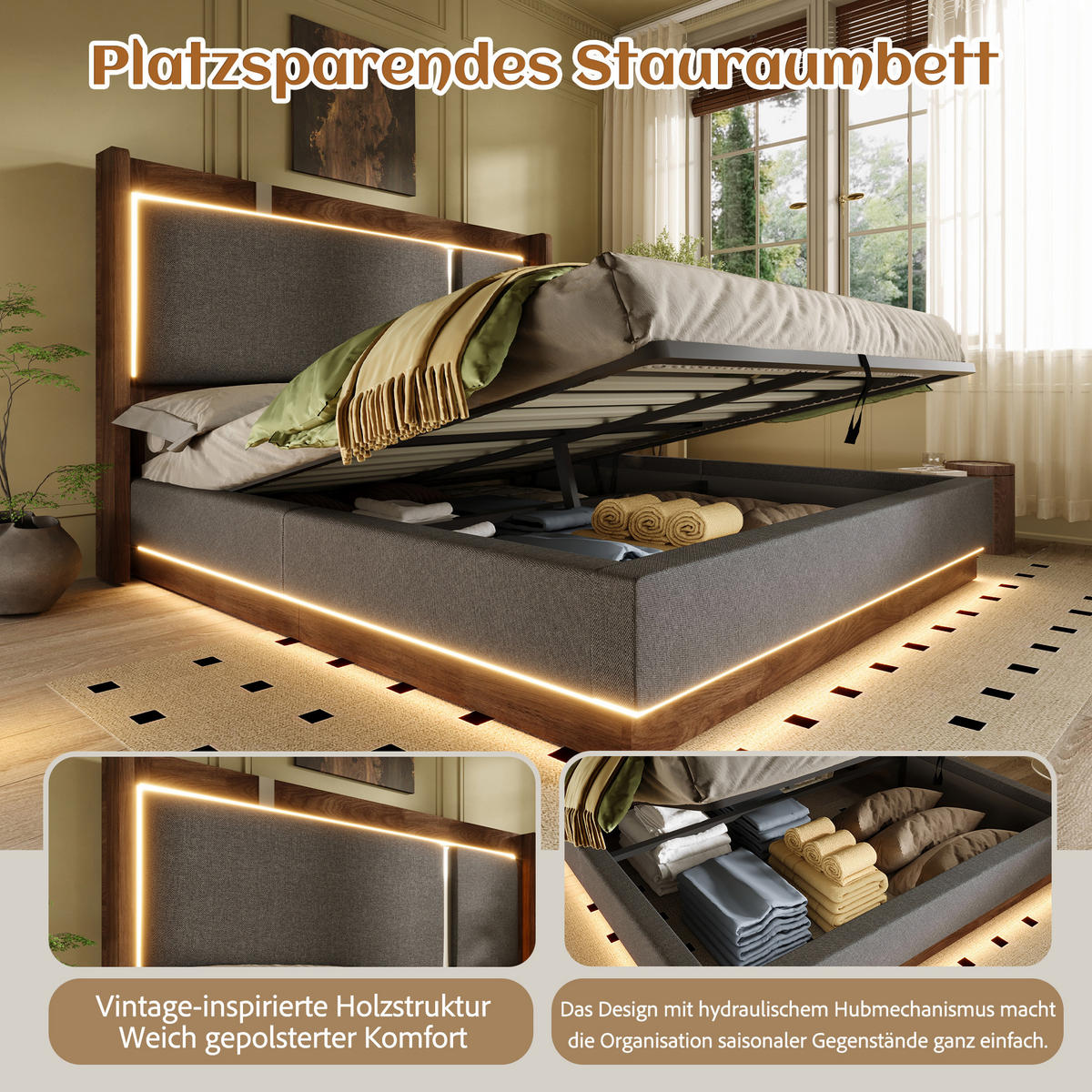POLSTERBETT 140/200 cm Grau mit LED und Bettkasten, ohne Matratze - Grau, Textil (140/200cm) - Oxeza