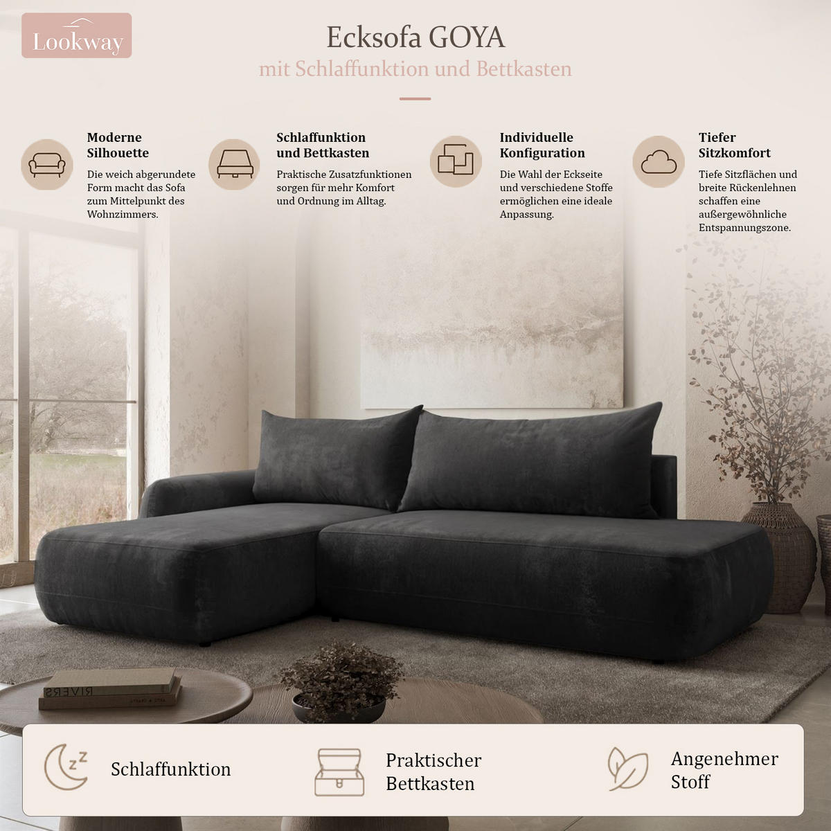 ECKSOFA GOYA mit Schlaffunktion und Bettkasten, Rechte, Perfect Harmony 90 - Graphitfarben, Textil (302/184cm) - Lookway