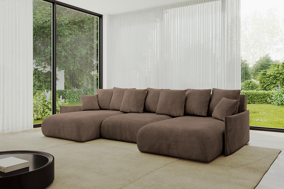 WOHNLANDSCHAFT mit Schlaffunktion und Bettkasten ONESK-U-v1 304x165x40 Braun Velours - Braun, Holzwerkstoff/Kunststoff (304/90/165cm) - ALTDECOR