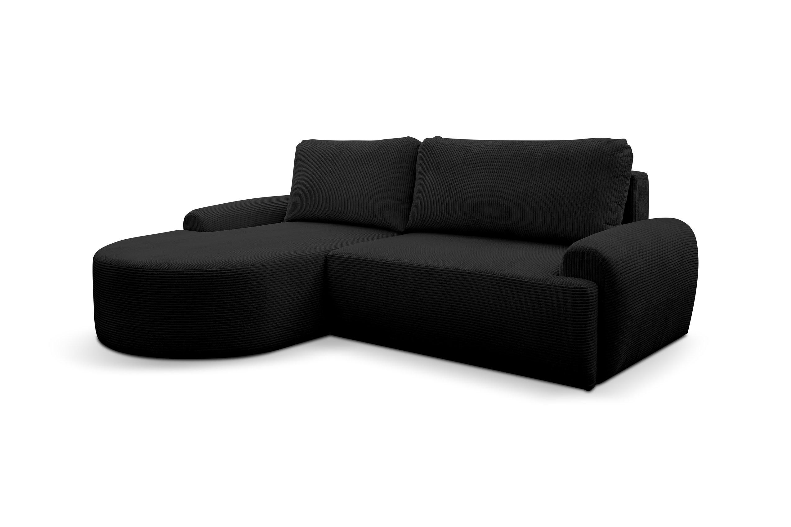 ECKSOFA Dream Cord in L-Form mit Schlaffunktion und Bettkasten, Farbe: Schwarz, Cordstoff, Ottomane Links - Schwarz, Textil (136/260cm) - VENASI MÖBEL