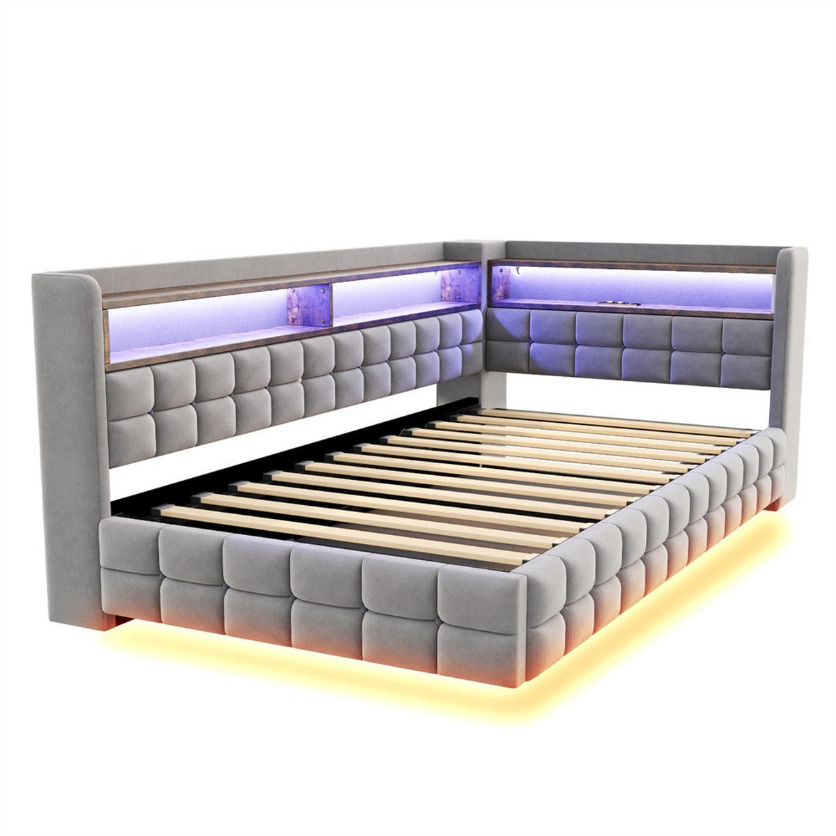 POLSTERBETT 90x200 cm mit hydraulischem Stauraum und Regal - LED Beleuchtung - USB & Typ-C - Hellgrau - ohne Matratze - Hellgrau, Textil (90/200cm) - DELFA