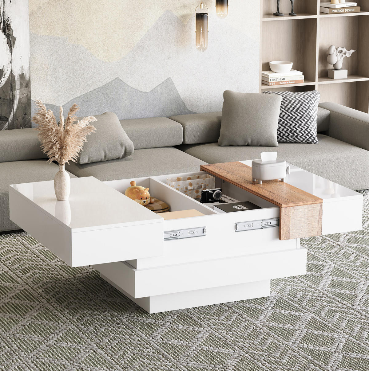 COUCHTISCH aus Spanplatte 70x70x39 cm in Weiß mit Ausziehplatte & Stauraum - Weiß, Holzwerkstoff (70/70/39cm) - Modfu