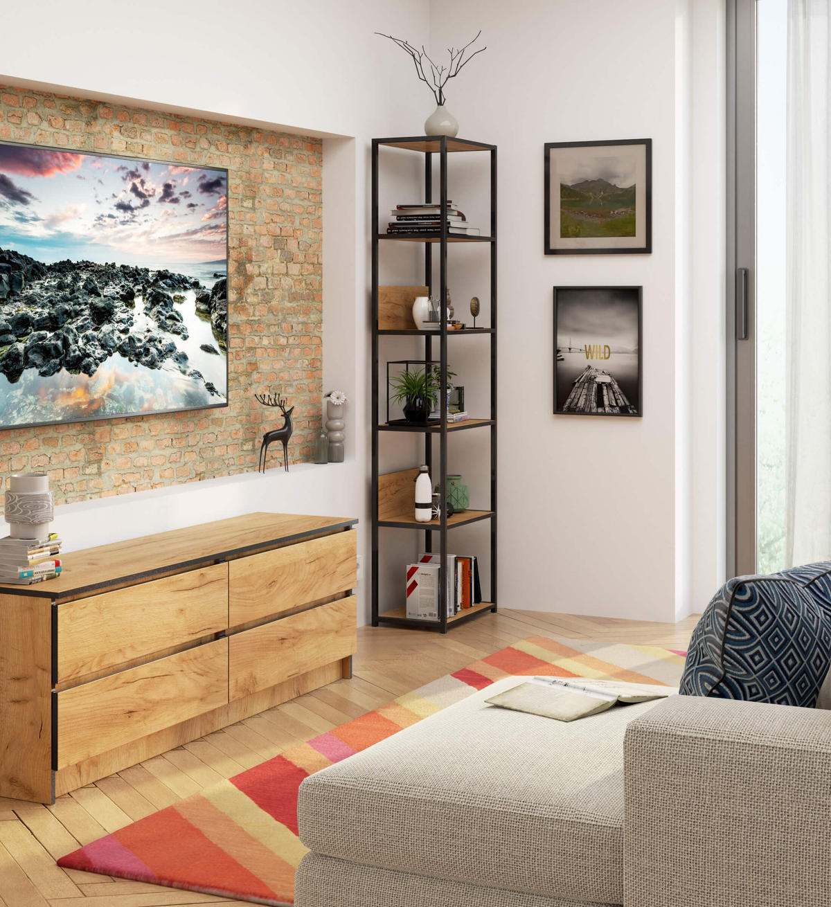 LOFT-REGAL Schwarz, Eichefarben 50x192x32 cm - Eichefarben/Schwarz, Holzwerkstoff/Metall (50/192/32cm) - Akord