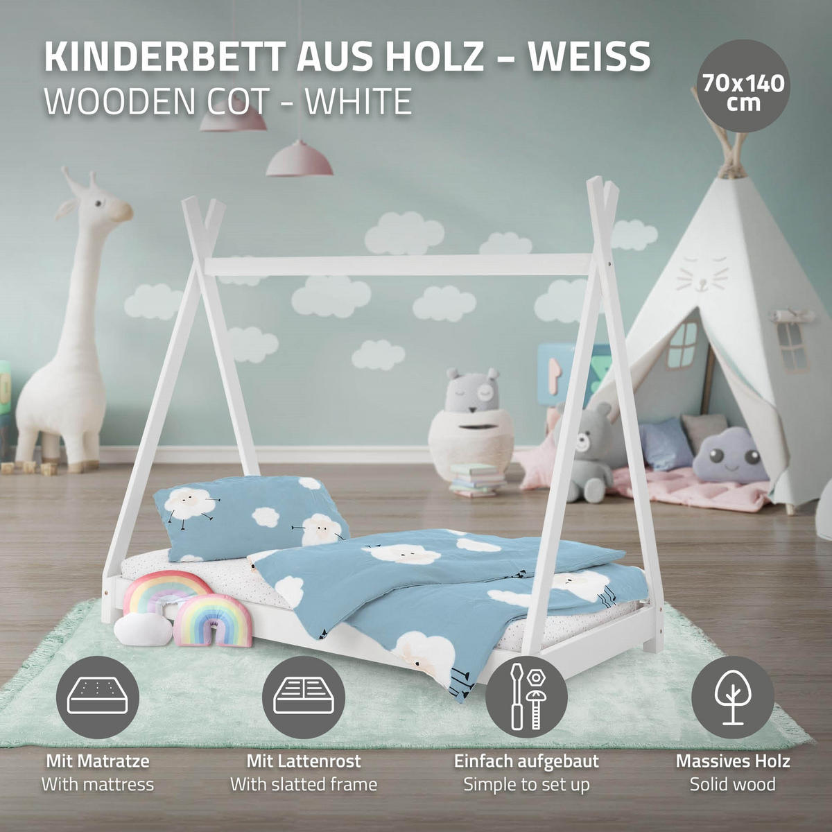 KINDERBETT Tipi mit Matratze 70x140 cm Weiß - Weiß, Holz (70/140cm) - ML-DESIGN