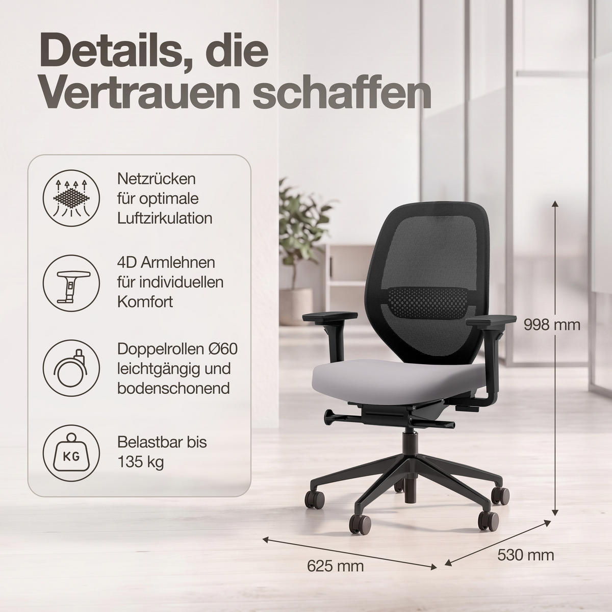 DREHSTUHL Ergonomischer Bürostuhl Atessa mit Netzrücken / Keine Hellgrau Netzrücken für Luftzirkulation - Hellgrau, Textil (62.5/99.8/45cm) - ASSMANN