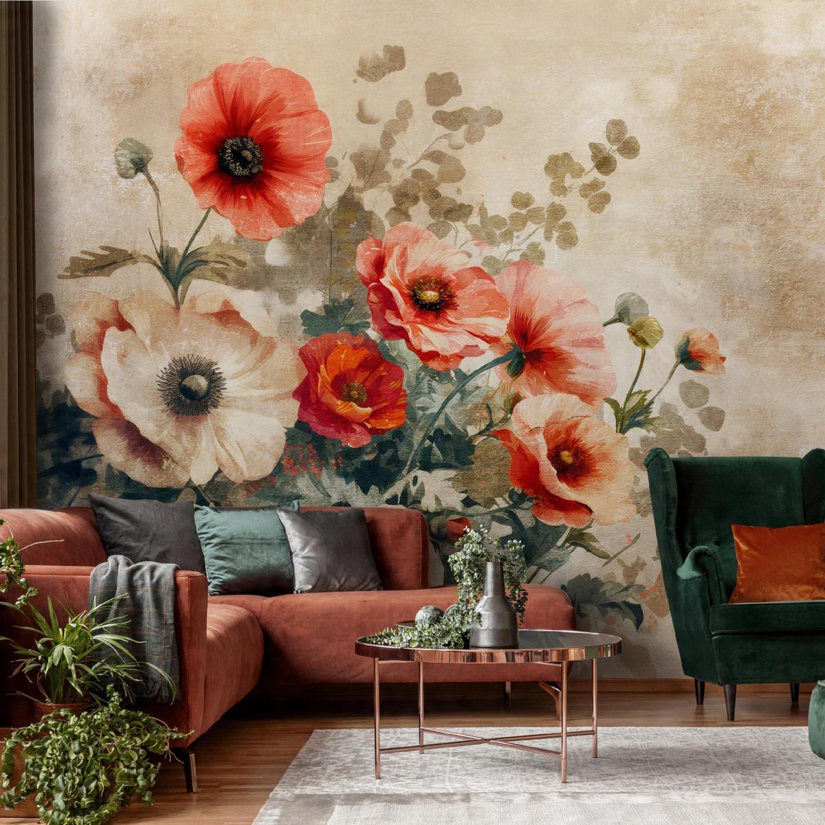 FOTOTAPETE Blumen Vintage Betonwand Schlafzimmer 350x250 - Multicolor, Papier (350/250cm) - Wallarena