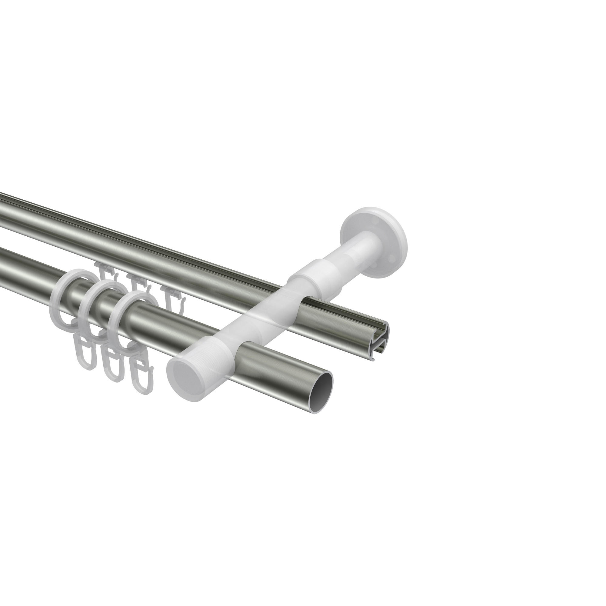 GARDINENSTANGE RUNDROHR-INNENLAUF Prestige Tanara 420 cm (geteilt in 3 x 140 cm), 2-läufig, 20 mm Ø Edelstahl-Optik - Edelstahlfarben/Silberfarben, Metall (420cm) - INTERDECO