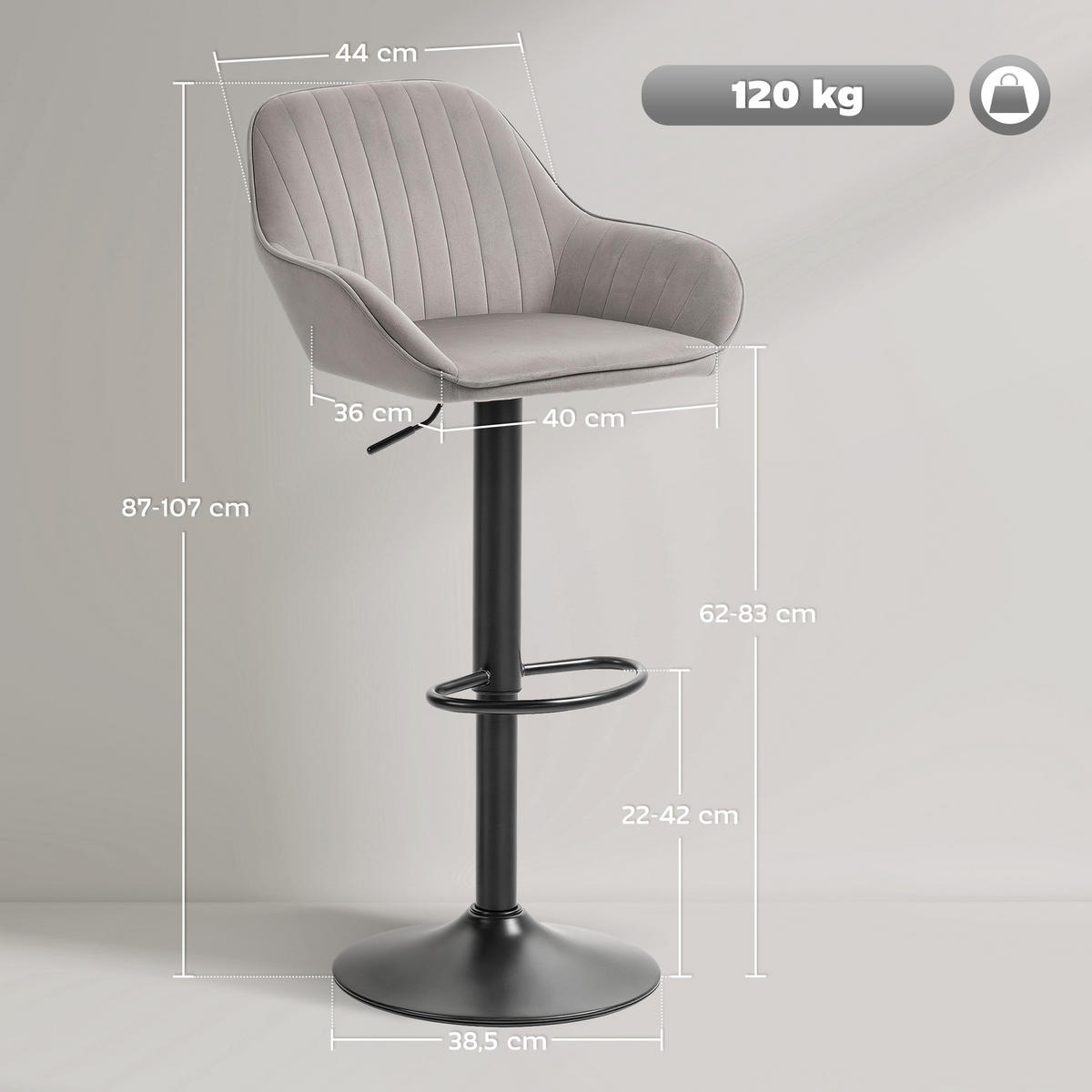 BARHOCKER 2er-Set DE-14770 höhenverstellbar & schwenkbar mit Veloursbezug Grau - Grau, Metall (50/107/50.5cm) - ComfortXL
