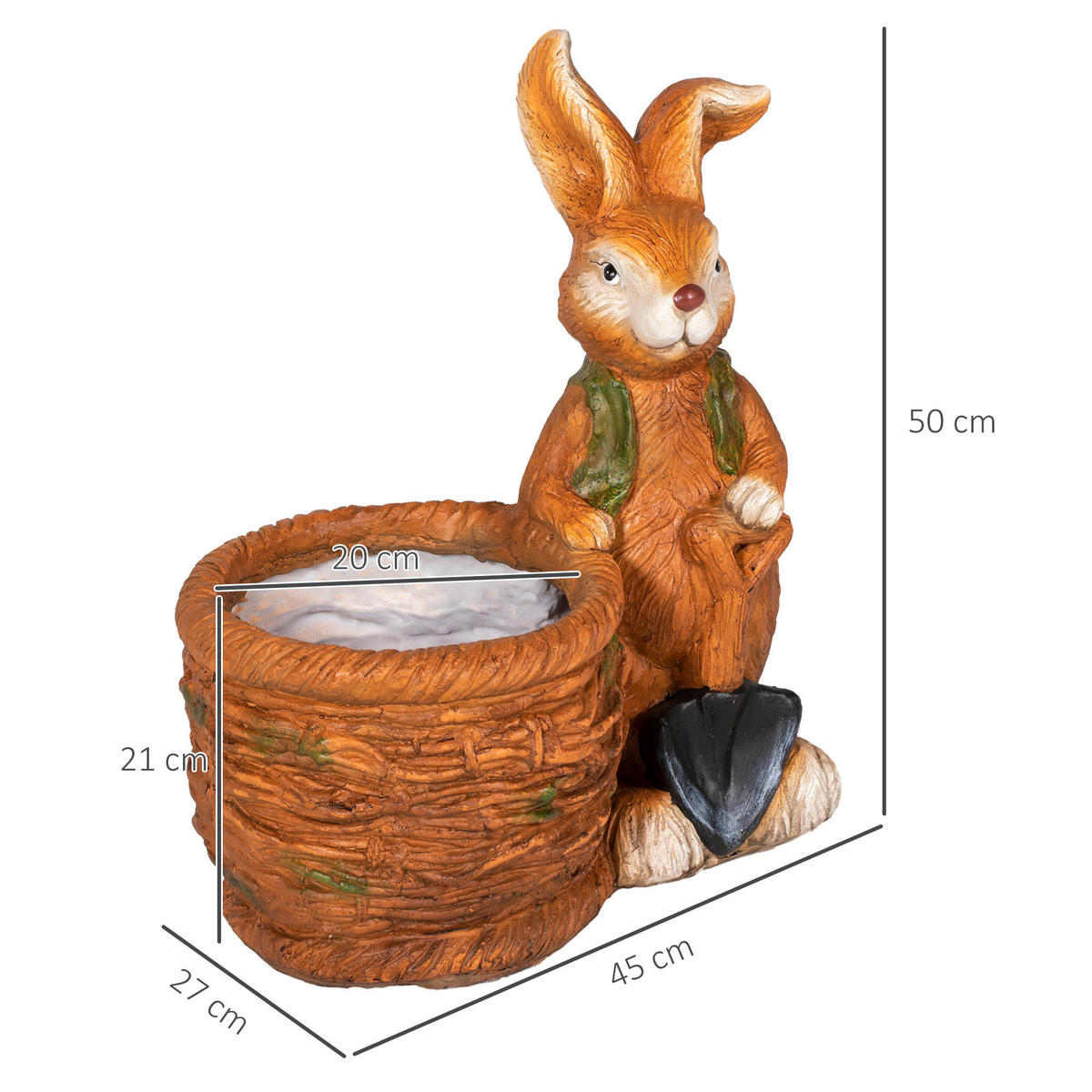 BLUMENTOPF, mit "Hase mit Weidenkorb" Design, für Garten, Wohnzimmer, MgO - Braun, Kunststoff (50cm) - Outsunny