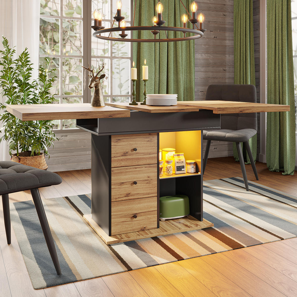 AUSZIEHTISCH 110-140/80/75 cm in Schwarz/Natur mit LED-Beleuchtung & Stauraum - Schwarz, Holzwerkstoff (110/80/75cm) - BEAOK