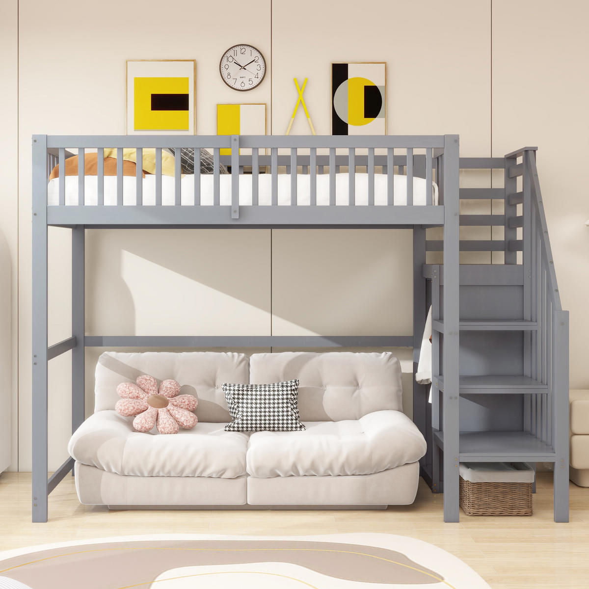 KINDERBETT aus Holz 90x200 cm in Grau mit Treppe & Kleiderschrank - Grau, Holz (90/200cm) - Modfu