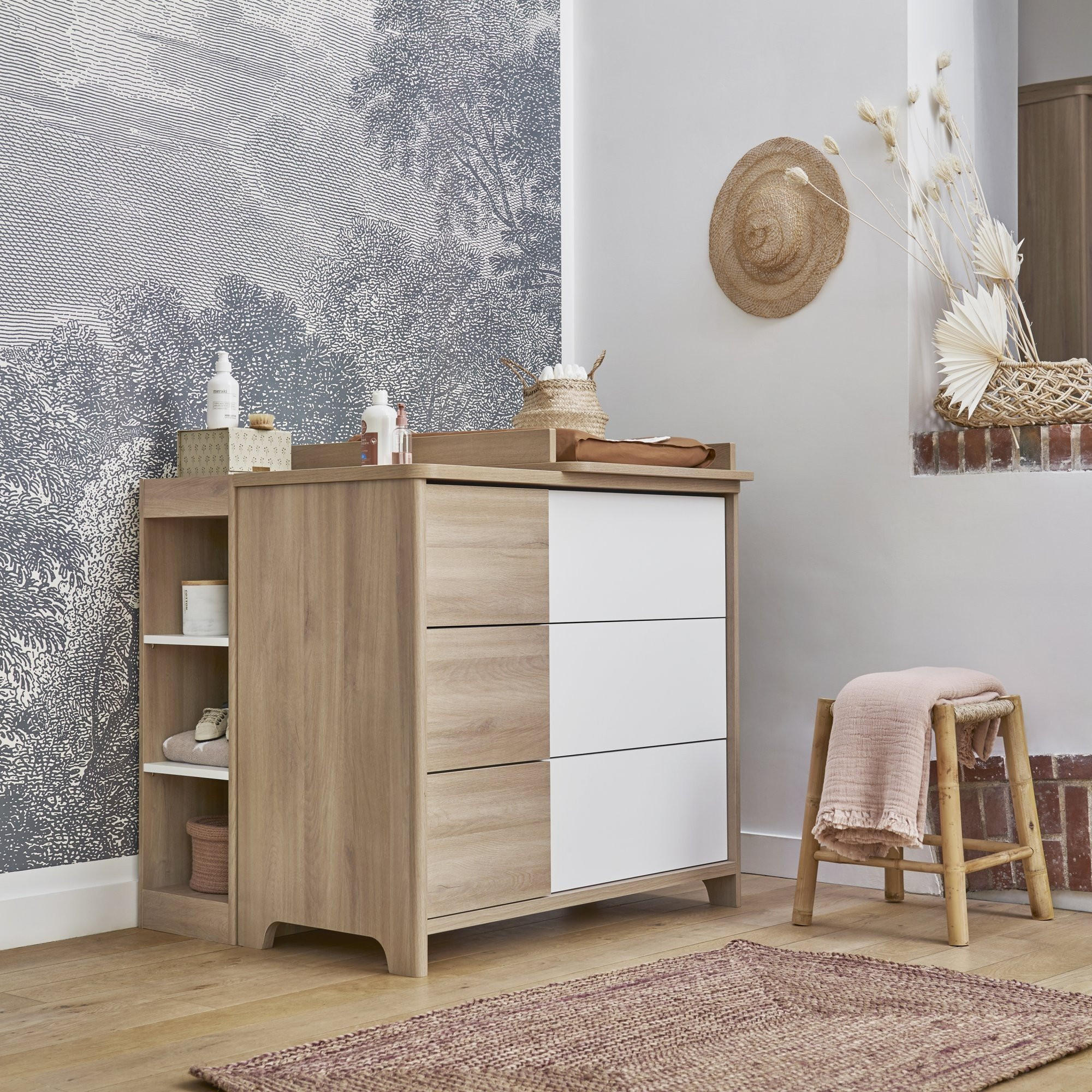 WICKELKOMMODE mit kleinem Eichenbücherschrank Sacha - Französische Herstellung - 98/51/90 cm - Apfelbaumfarben, Holzwerkstoff (51/90/98cm) - Calicosy