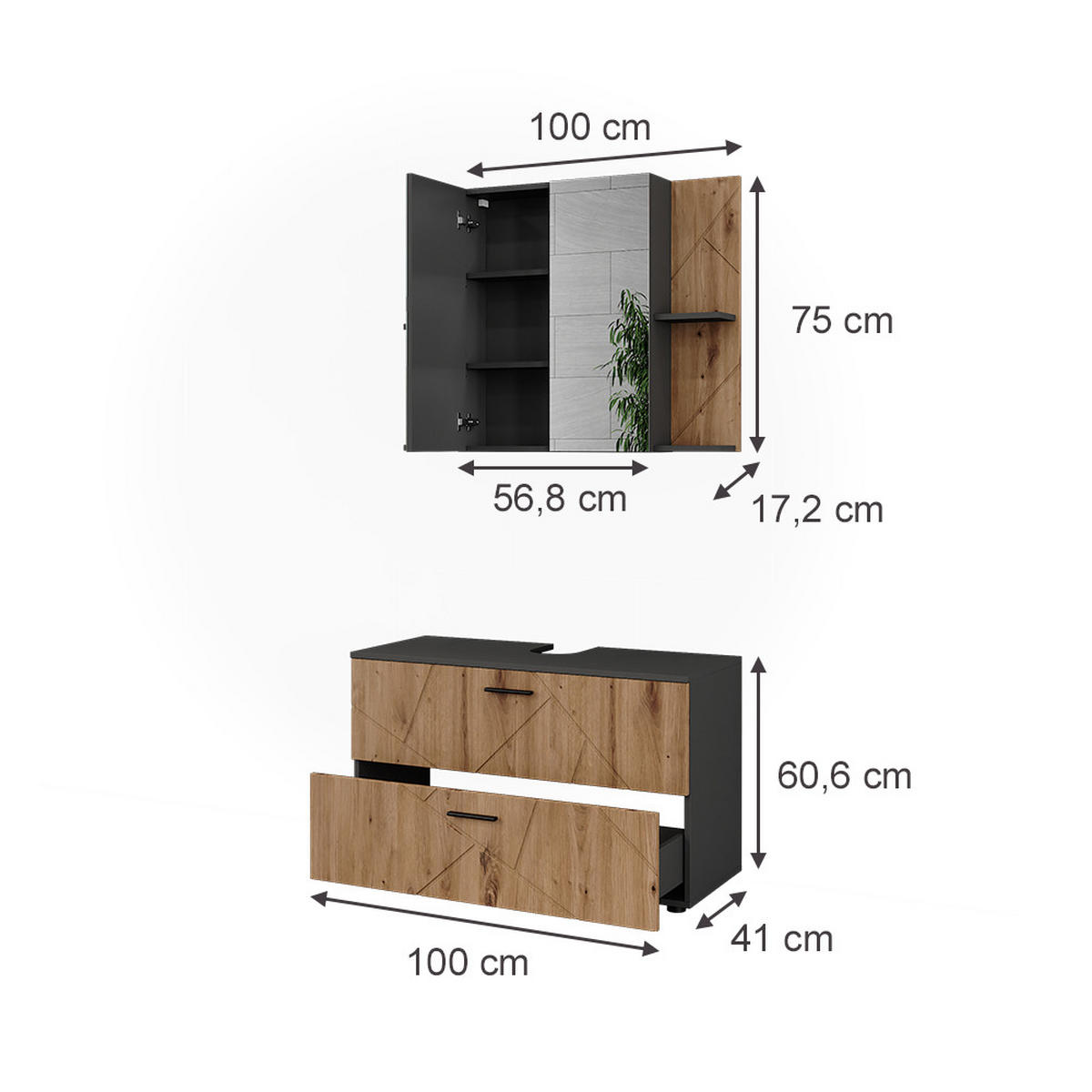 BADMÖBEL-SET Irma, Anthrazit/Goldkraft Eiche, 2 Teile - Honigeiche/Anthrazit, Holzwerkstoff (100/57/41cm) - Vicco