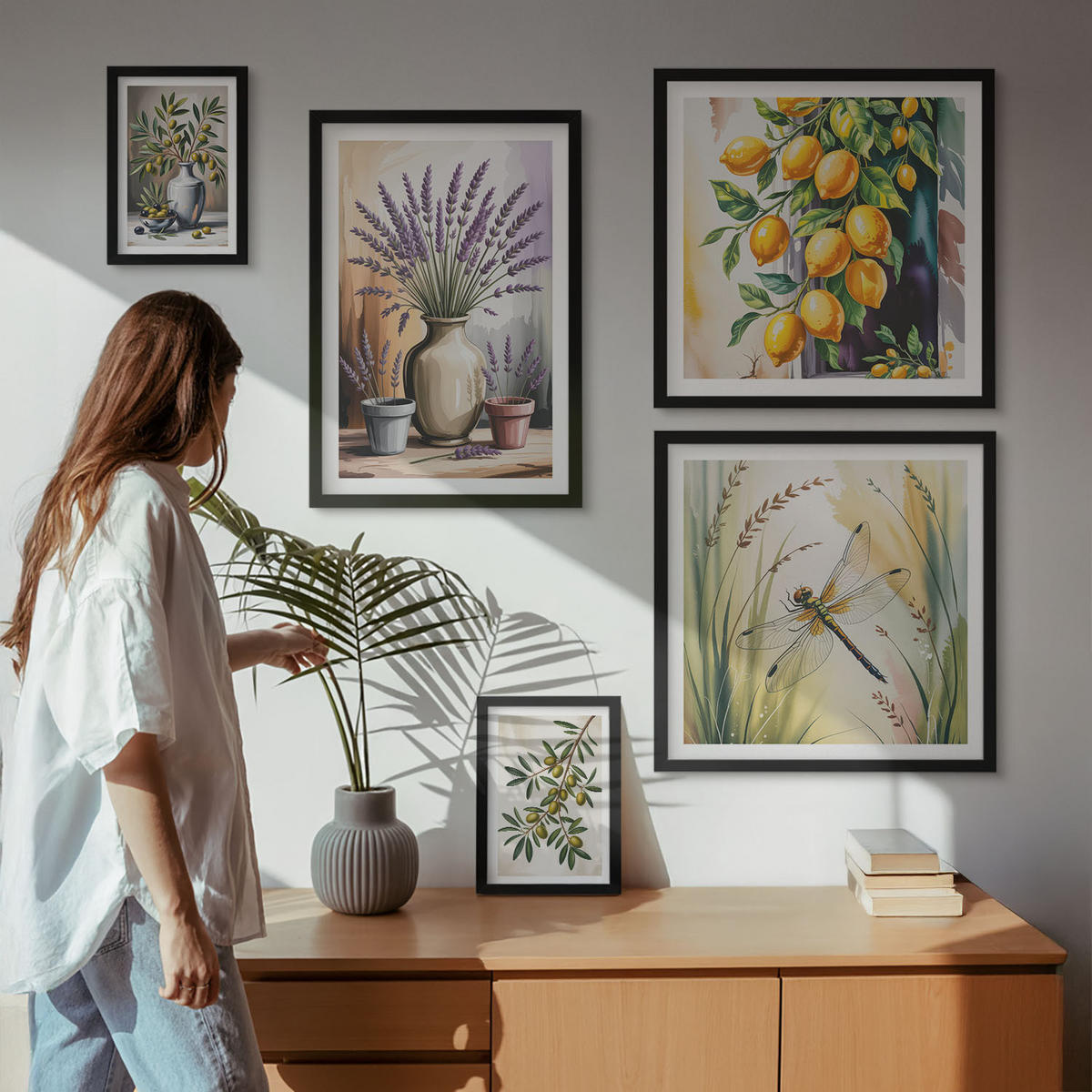 BILDER SET 5er Set - 50x50 cm & 20x30 cm & 40x60 cm Schwarzer Rahmen - Lavendelblüten und Architektur - Schwarz, Kunststoff (40/60cm) - TULUP