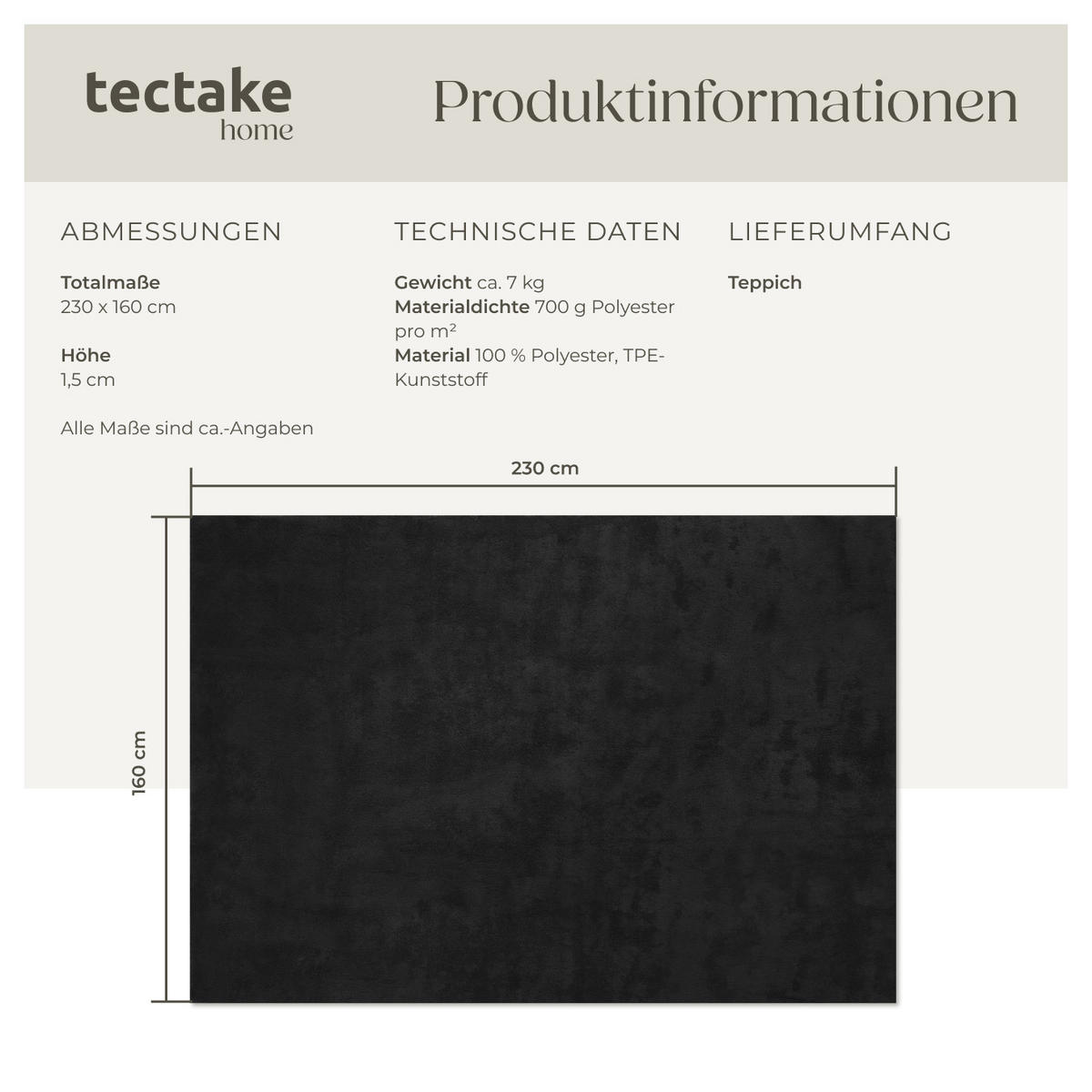 KURZFLORTEPPICH Soft Zone,rutschfeste Unterseite,schwarz - Schwarz, Kunststoff (230/160cm) - tectake