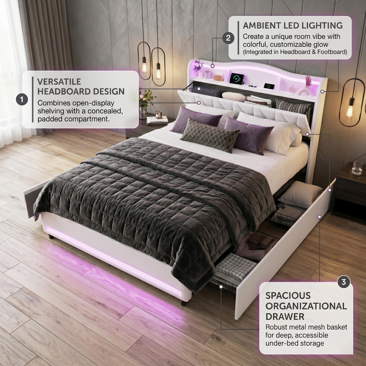 POLSTERBETT Geometrisch 140/200 cm mit 4 Schubladen & App-LED Samtoptik Beige - Beige, Textil (140/200cm) - Creahappy