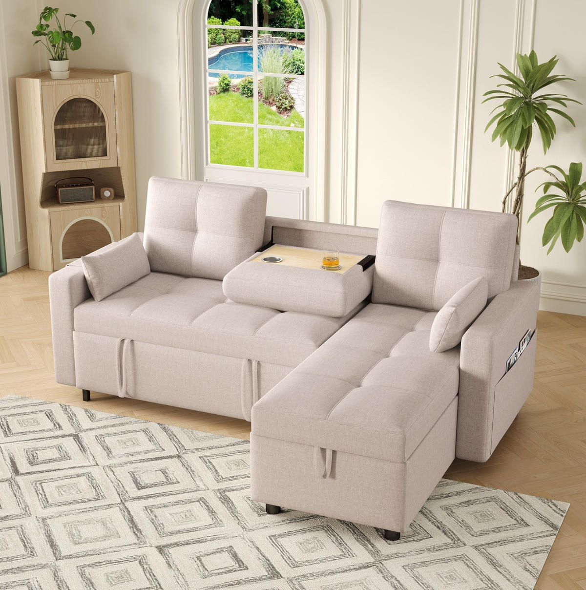 SCHLAFSOFA 211/136 cm in Beige – mit Bettkasten und Chaiselongue - Beige, Textil (136/87/211cm) - BEAOK