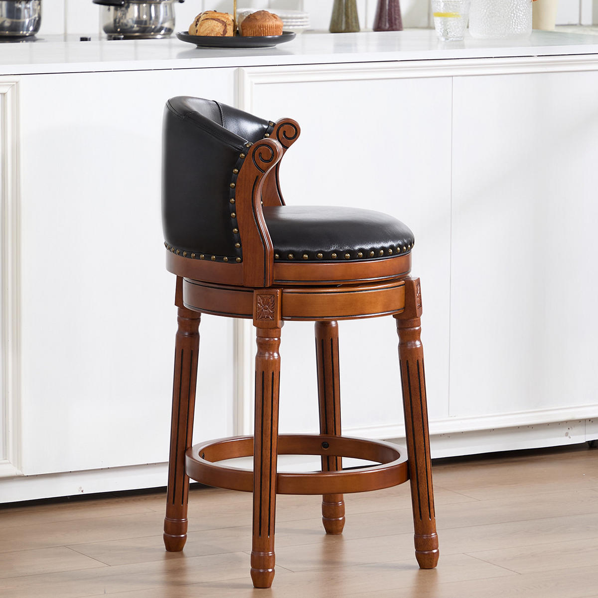 BARHOCKER drehbar Sitzhöhe ca. 66 cm Leder Holz Schwarz - Schwarz, Holz (54.8/96/54.81cm) - Meubliv